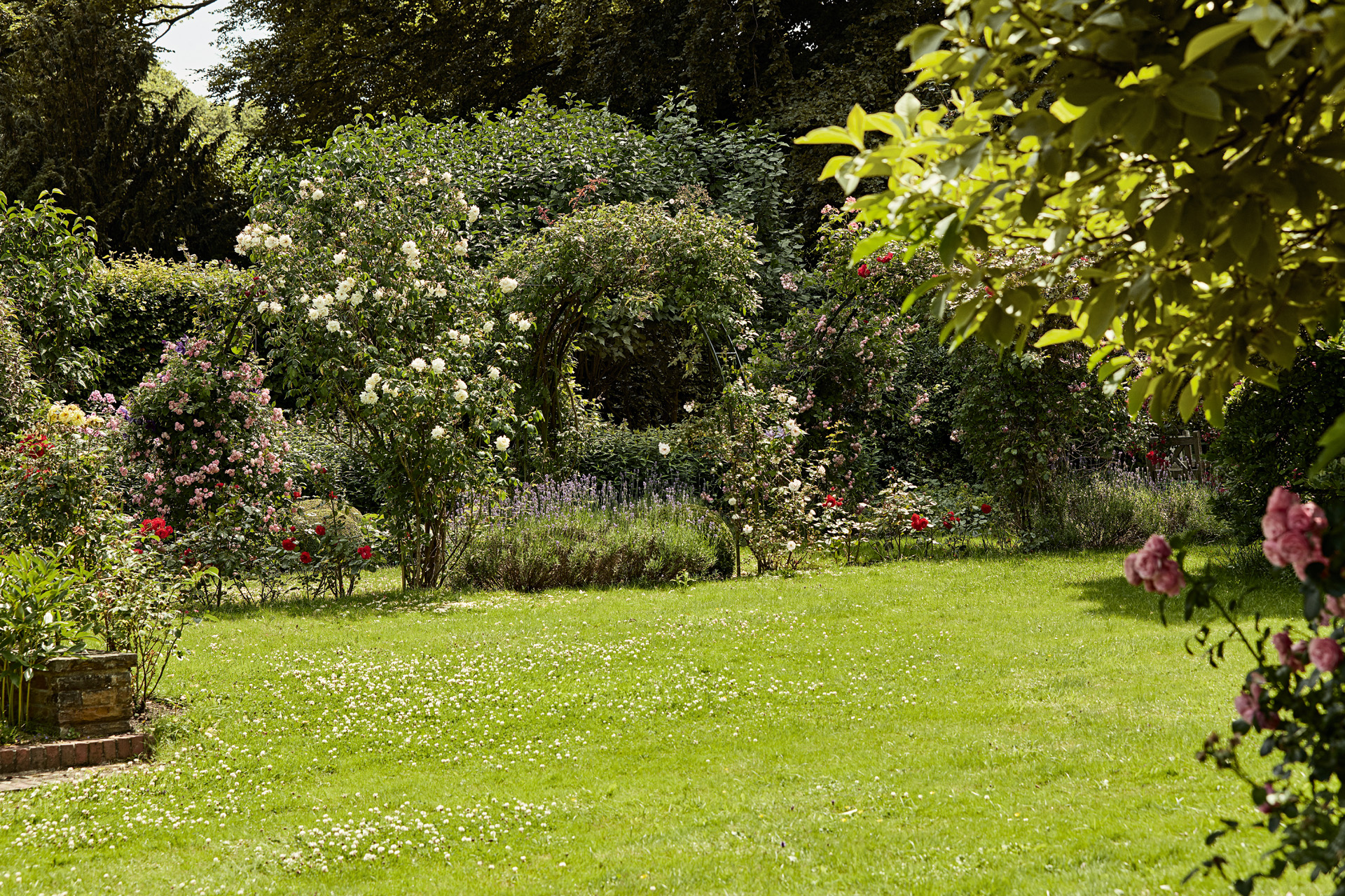 Un gran jardín con rosas, arbustos y un césped verde uniforme