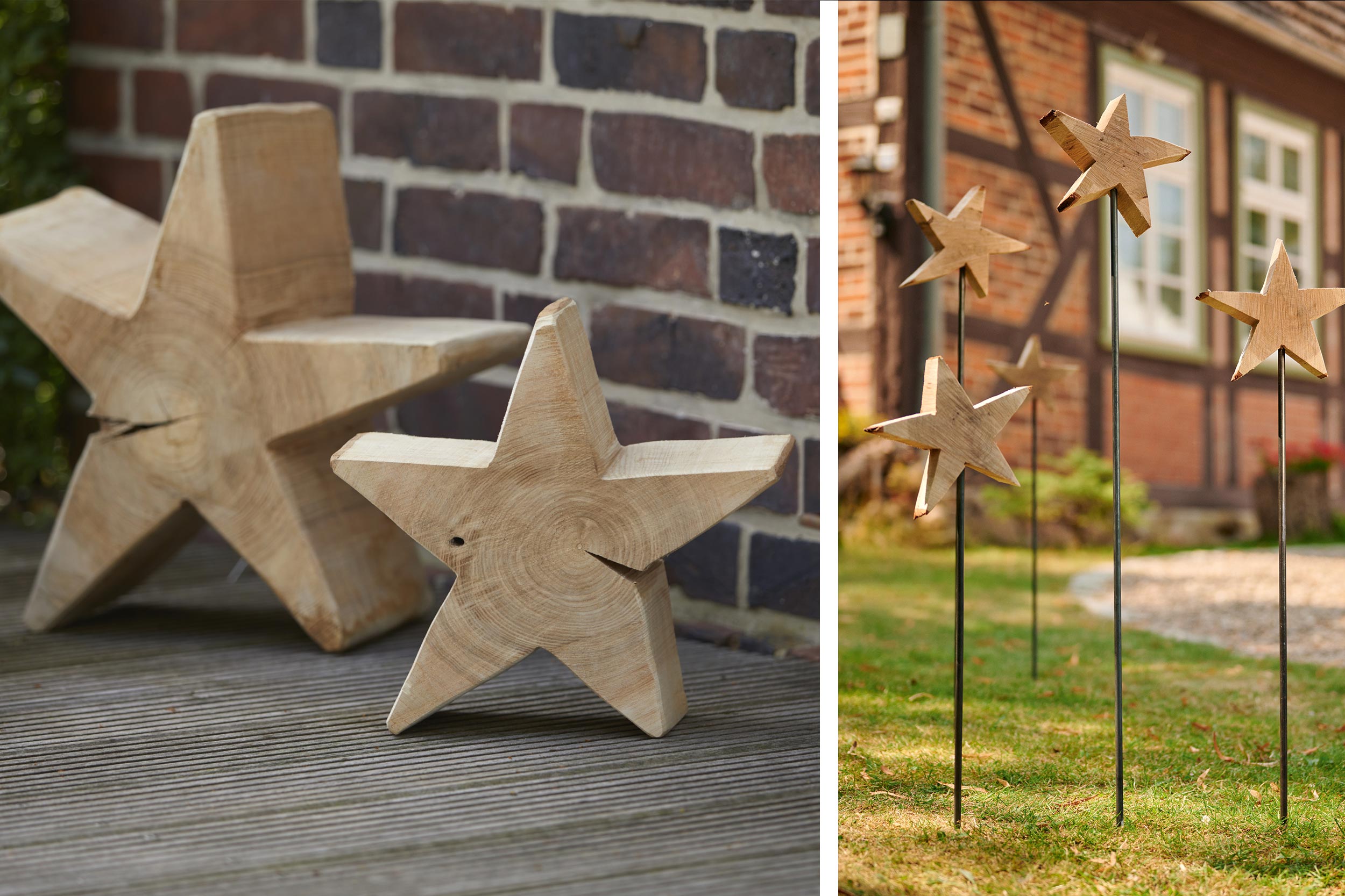 Estrellas de madera artesanales sobre unas hojas junto a musgo cubierto de nieve