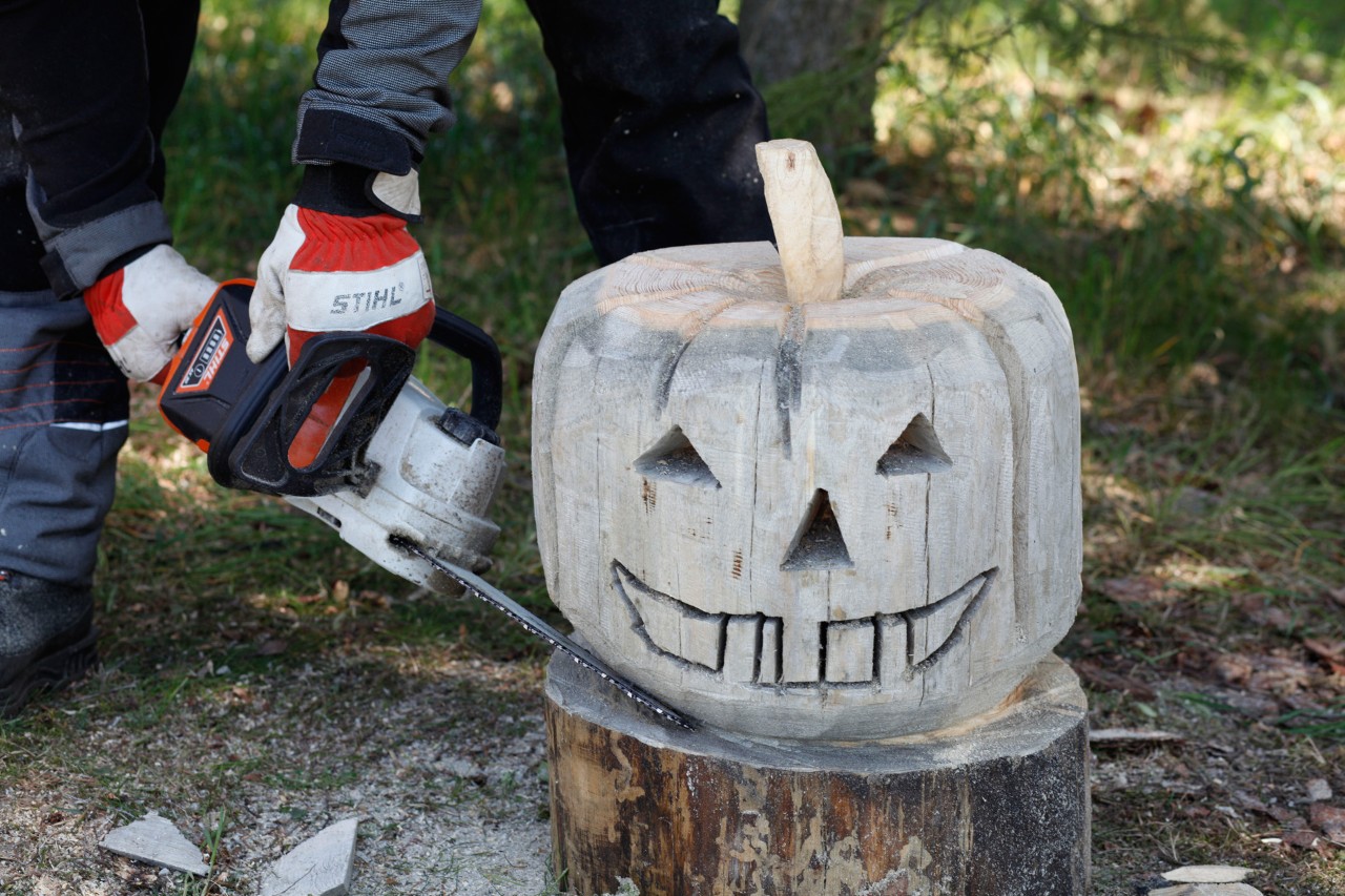 Una motosierra STIHL MSA 140 C tallando una calabaza de madera para un jardín decorado de Halloween.