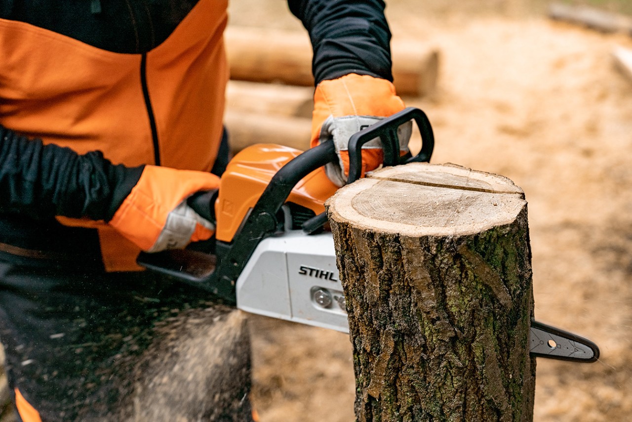 Cómo tallar un corazón de madera para decorar: realización de un corte descendente sobre un tronco vertical con una motosierra de gasolina STIHL MS 170