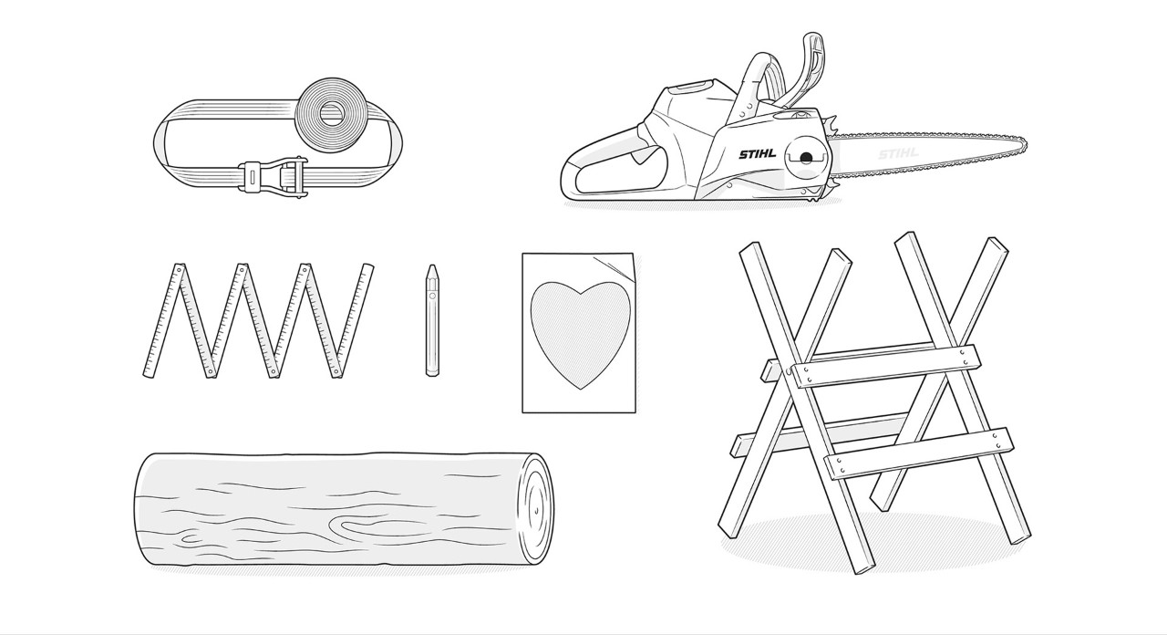 Illustration: Troncos, motosierra STIHL, regla plegable, cinturón tensor, plantilla de corazón, bloque de sierra, lápiz