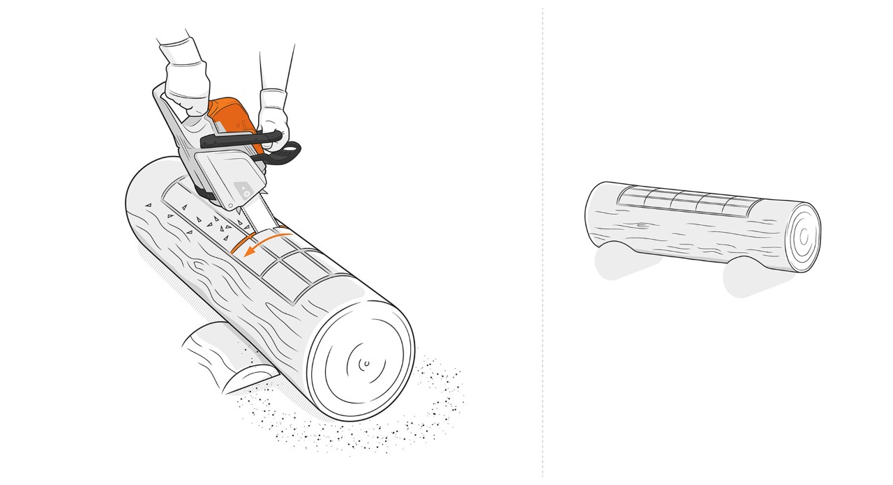 Con una motosierra STIHL se realizan cortes longitudinales en la parte superior de un tronco de madera.