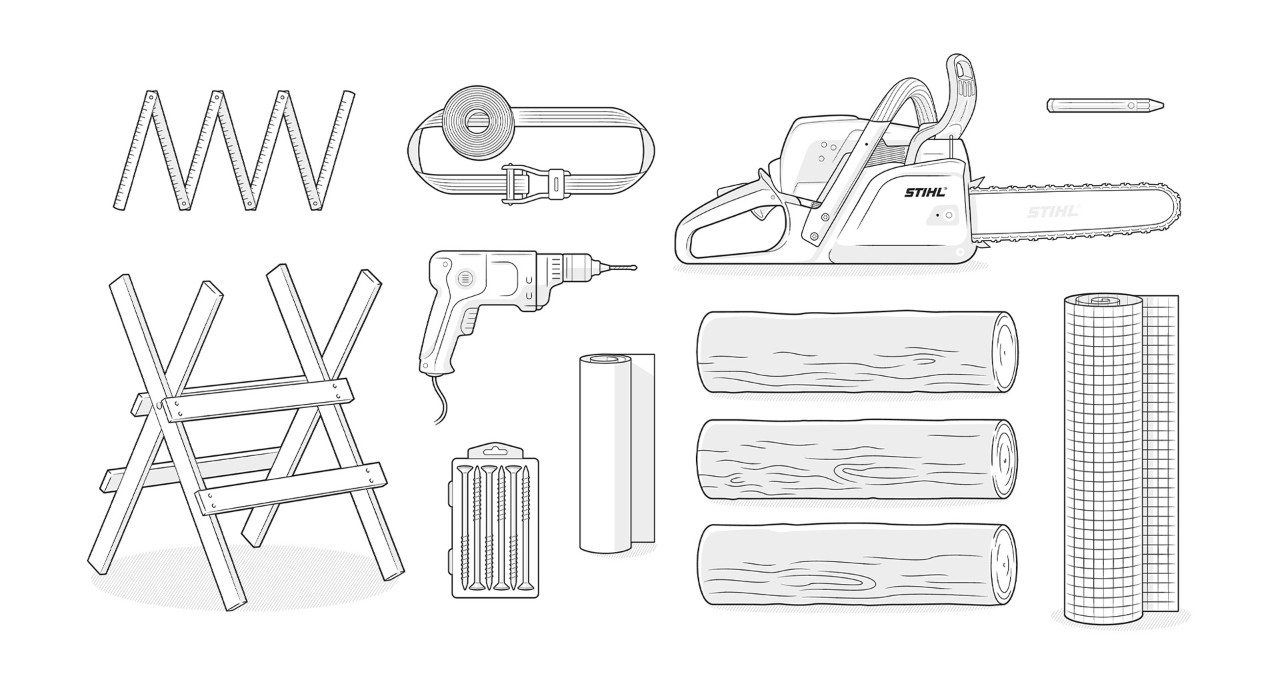 Material-Illustration: Rundholz, STIHL Motorsäge, Sägeblocl, Spanngurt, Zollstock, Drahtgitter, Holzschrauben, Akkuschraber