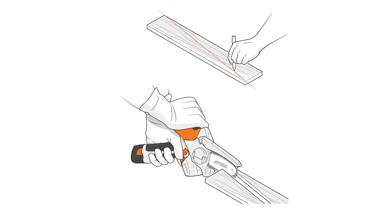 Alguien corta un tablón diagonal con la minisierra STIHL GTA 26