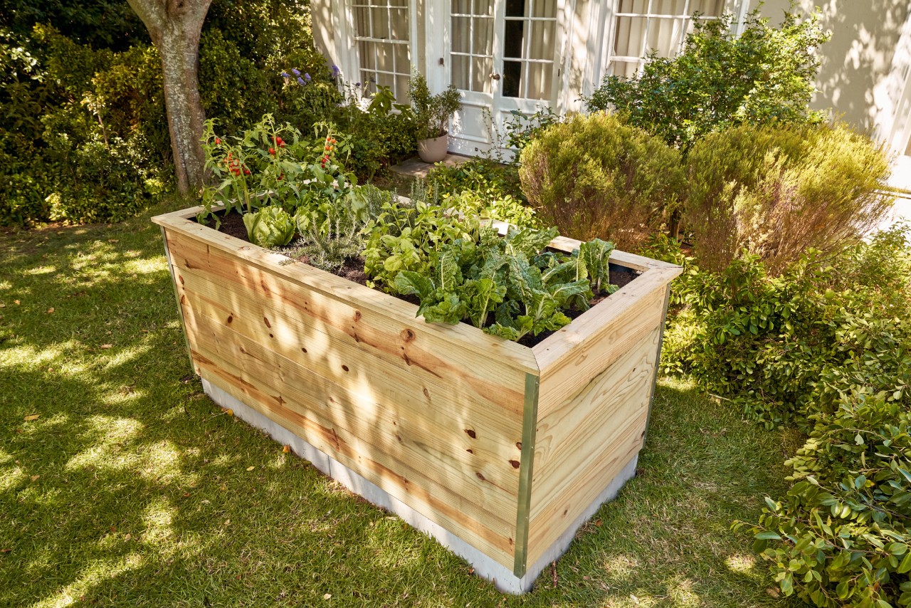 Una mesa de cultivo en un jardín