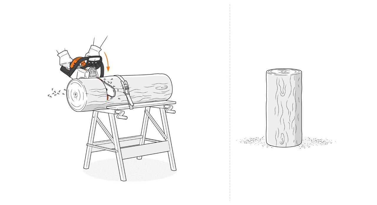 Ilustración: corte del tronco fijo a la longitud deseada con una motosierra STIHL.