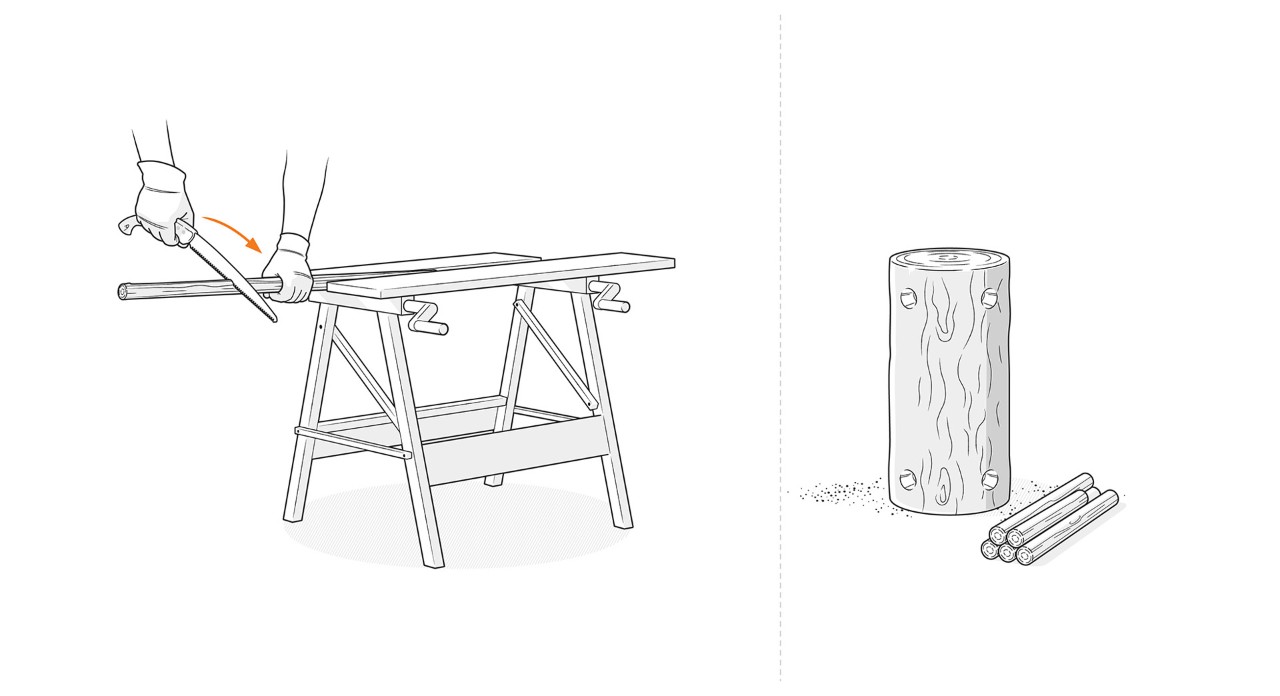 Ilustración: corte a medida de las ramas para las patas y el cuello con una motosierra de poda.