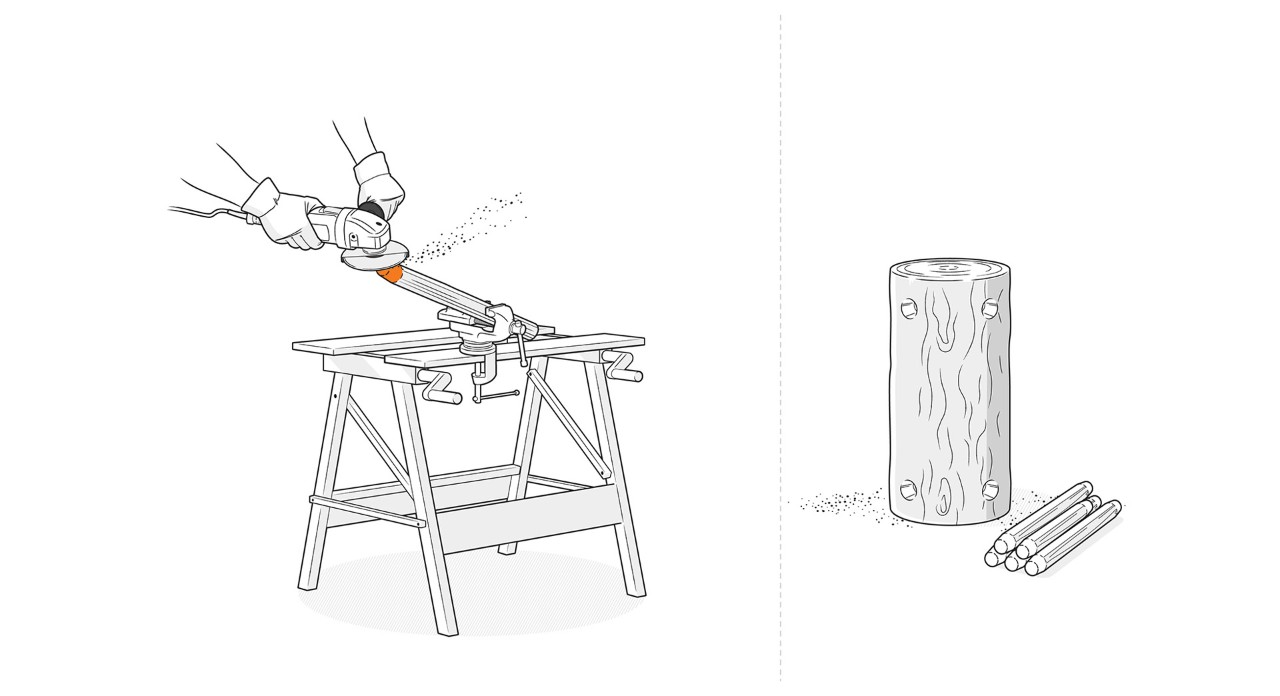 Ilustración: afilado de los extremos de las ramas con una lijadora angular en un tornillo de banco.