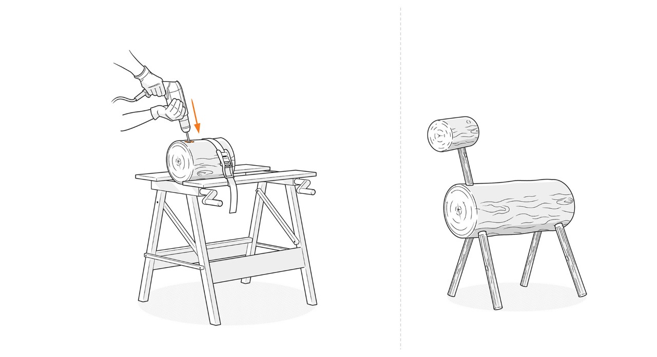 Ilustración: taladrado de los orificios para el cuello y los cuernos en la pieza fija para reno de madera.