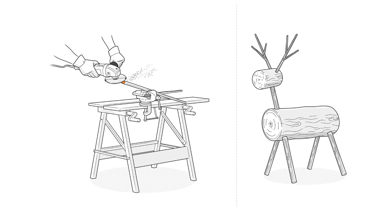 Ilustración: preparación y montaje de los cuernos de los renos hechos con troncos de madera en la cabeza.