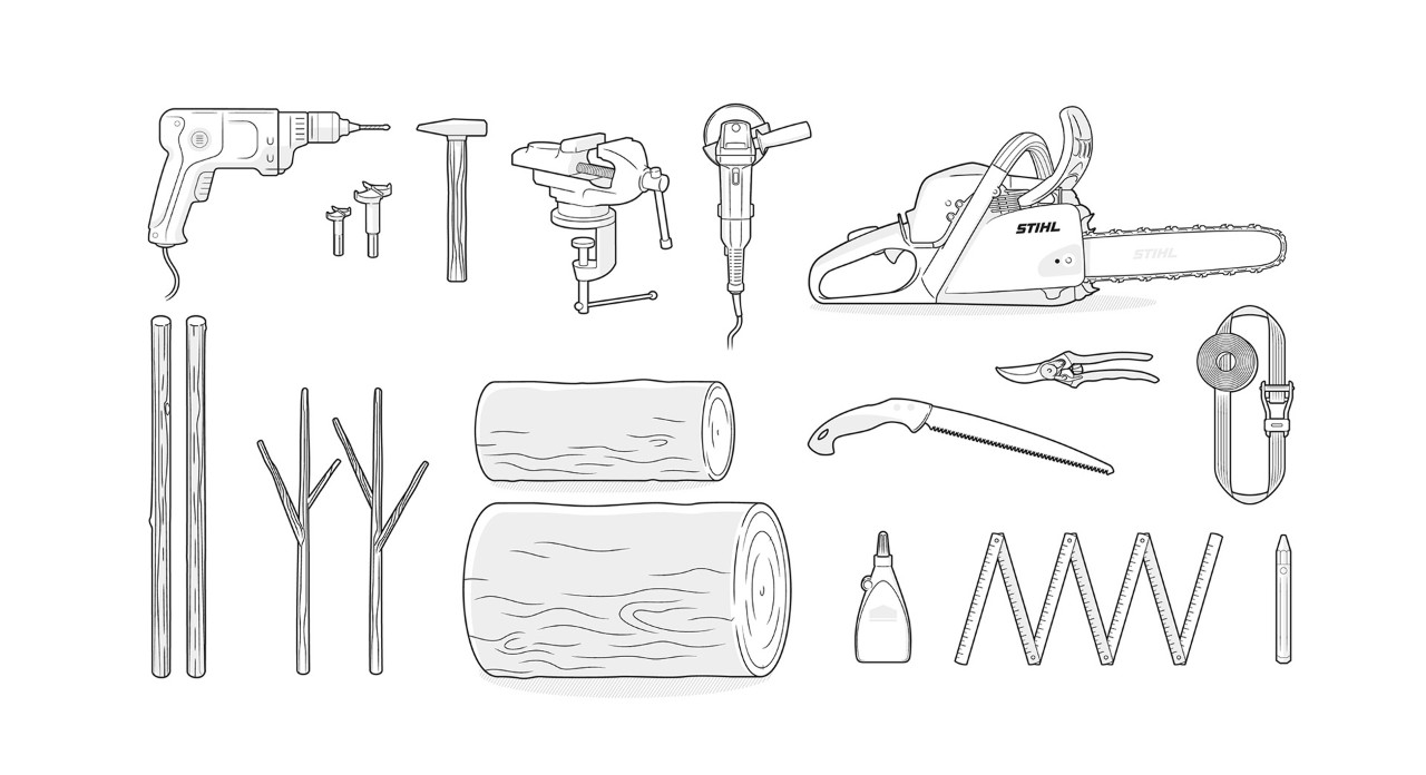 Ilustración: herramientas y material para hacer un reno de madera. Incluye: motosierra, troncos y taladro.