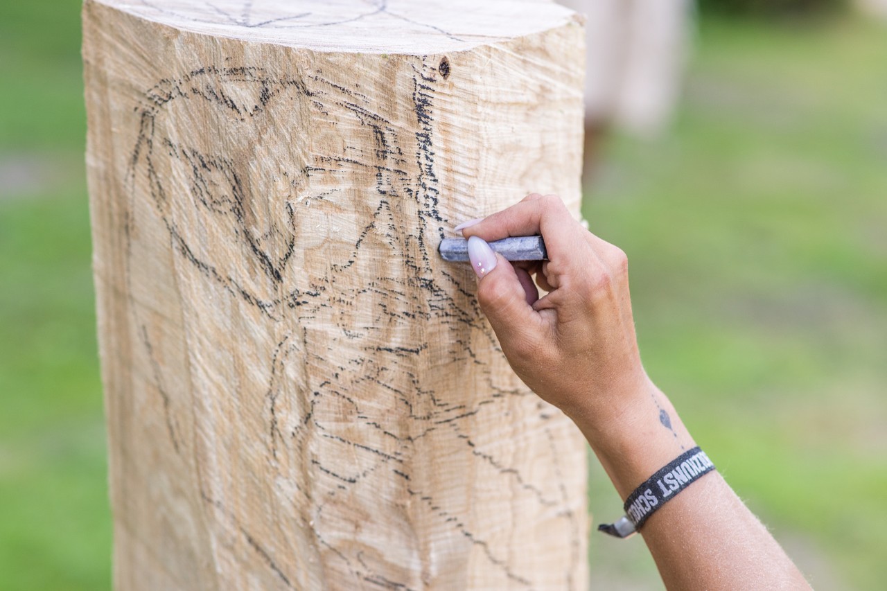 Dibujo con tiza de un búho o lechuza sobre un tronco de madera sin corteza