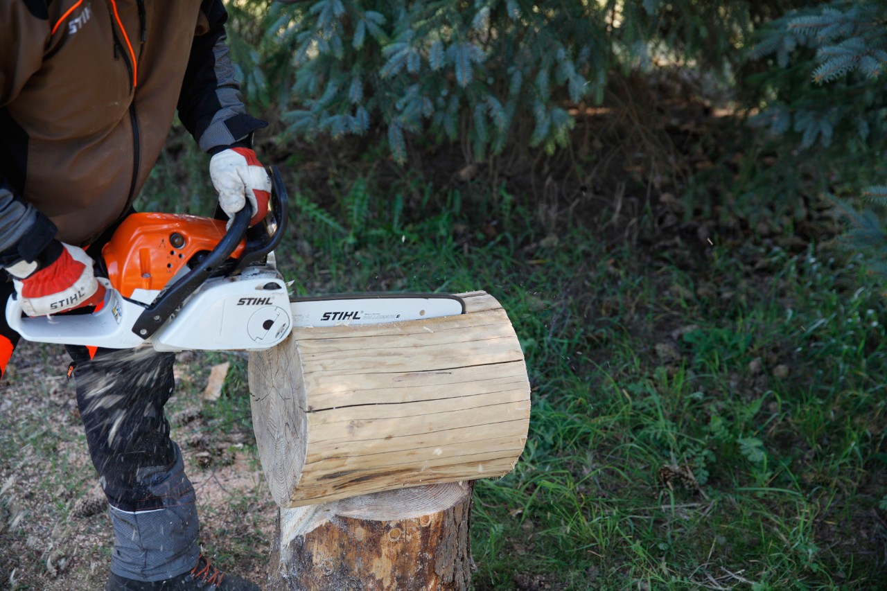 Taburete artesanal a partir de un tronco: Corte longitudinal de un tronco con una motosierra de gasolina STIHL MS 231 C