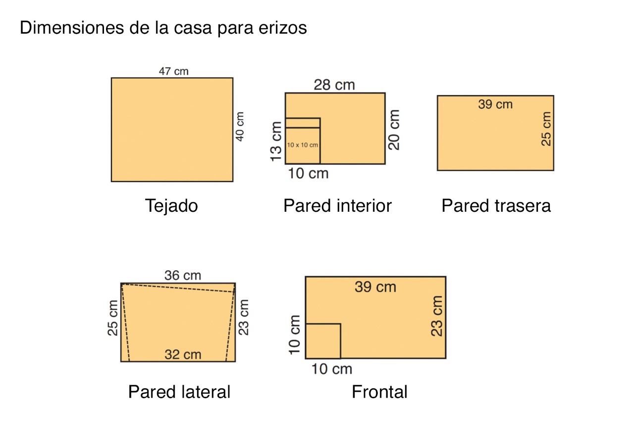 Planos que muestran las dimensiones de corte de la madera para construir una casa para erizos.