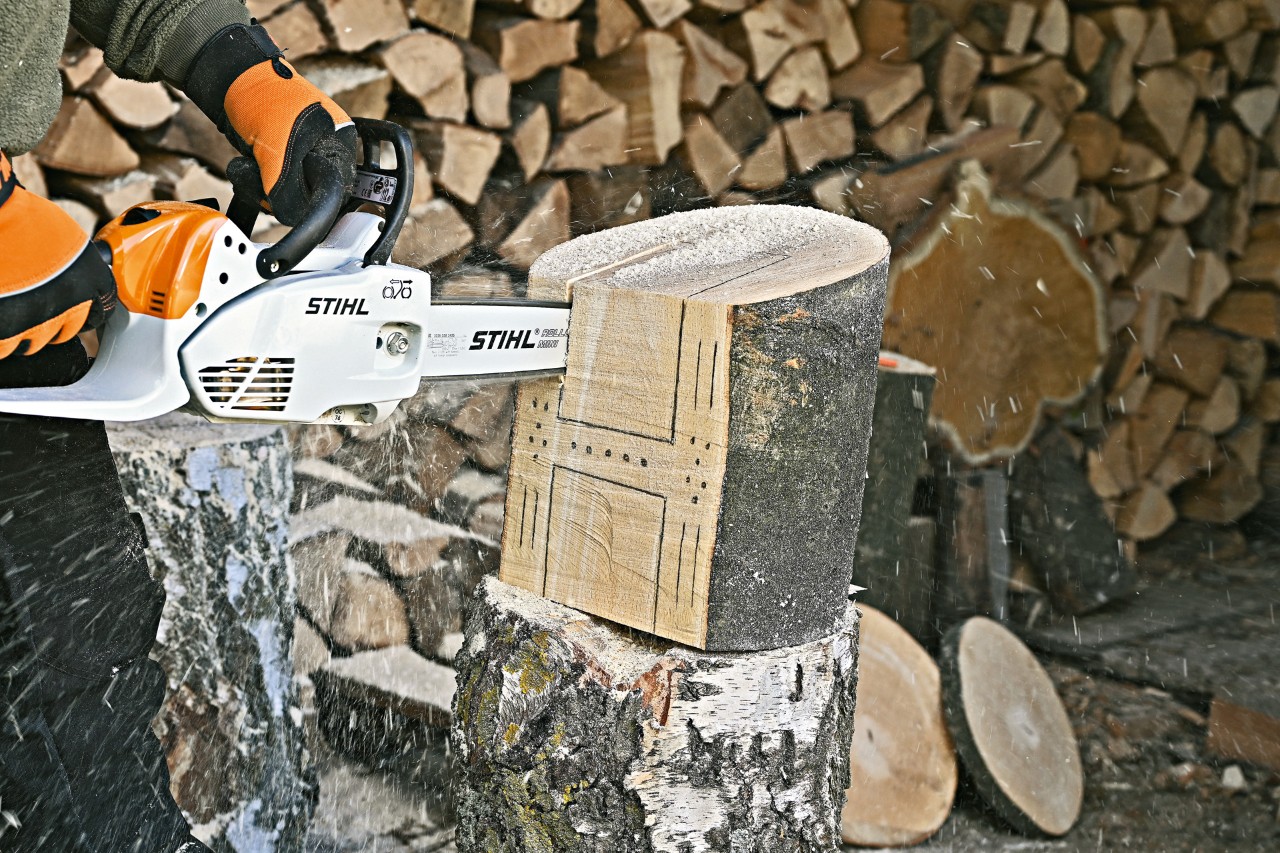 Hacer un hotel para insectos: corte del hueco de un hotel para insectos con una motosierra eléctrica STIHL MS 151 C.