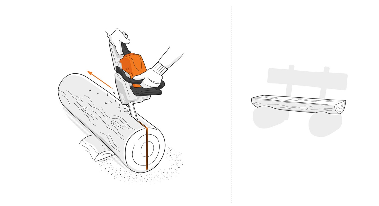 Ilustración: Una motosierra STIHL corta un tronco en el centro.