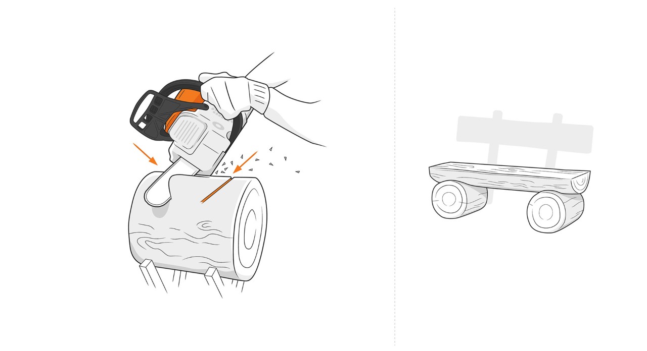 Ilustración: Una motosierra STIHL realiza un corte en forma de V en la madera