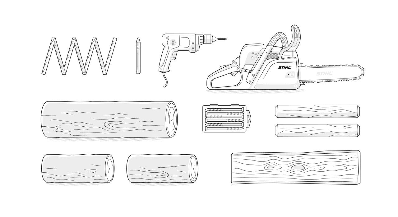 Crea tu propio banco jardín DIY: ilustración de motosierra STIHL, lápiz, taladro, tornillos, postes, troncos y tabla