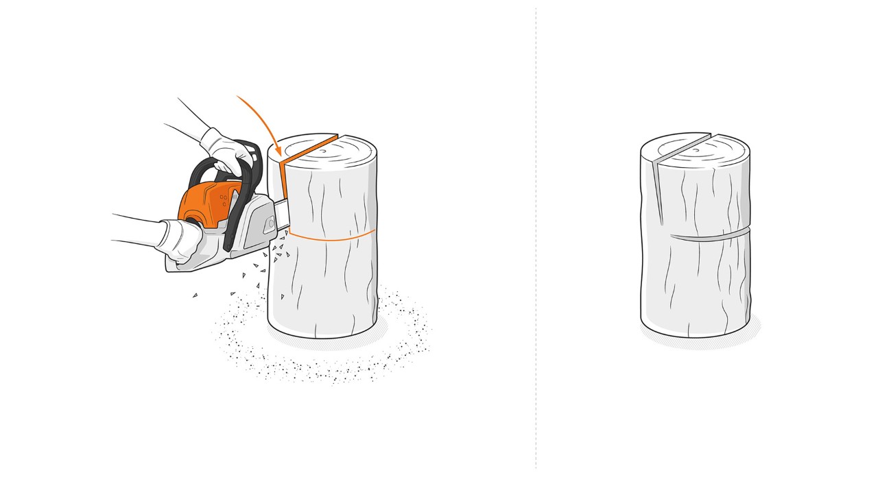 Ilustración: cortes para el respaldo y el asiento de la silla de tronco realizados con una motosierra STIHL.