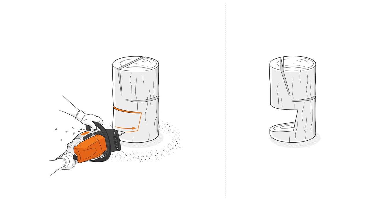 Ilustración: sección de corte de la base de la silla de madera cortada con una motosierra STIHL para producir una silla de madera artesanal.