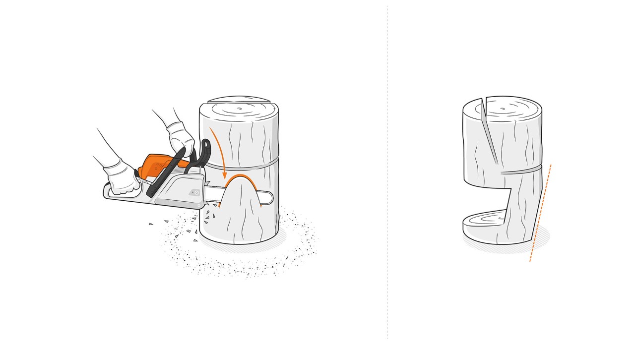 Ilustración: parte delantera de la base cortada con una motosierra STIHL para producir una silla de madera artesanal.