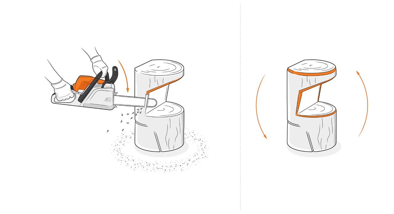 Ilustración: cortes de pulido hechos en la base con una motosierra STIHL para crear una silla de madera artesanal.