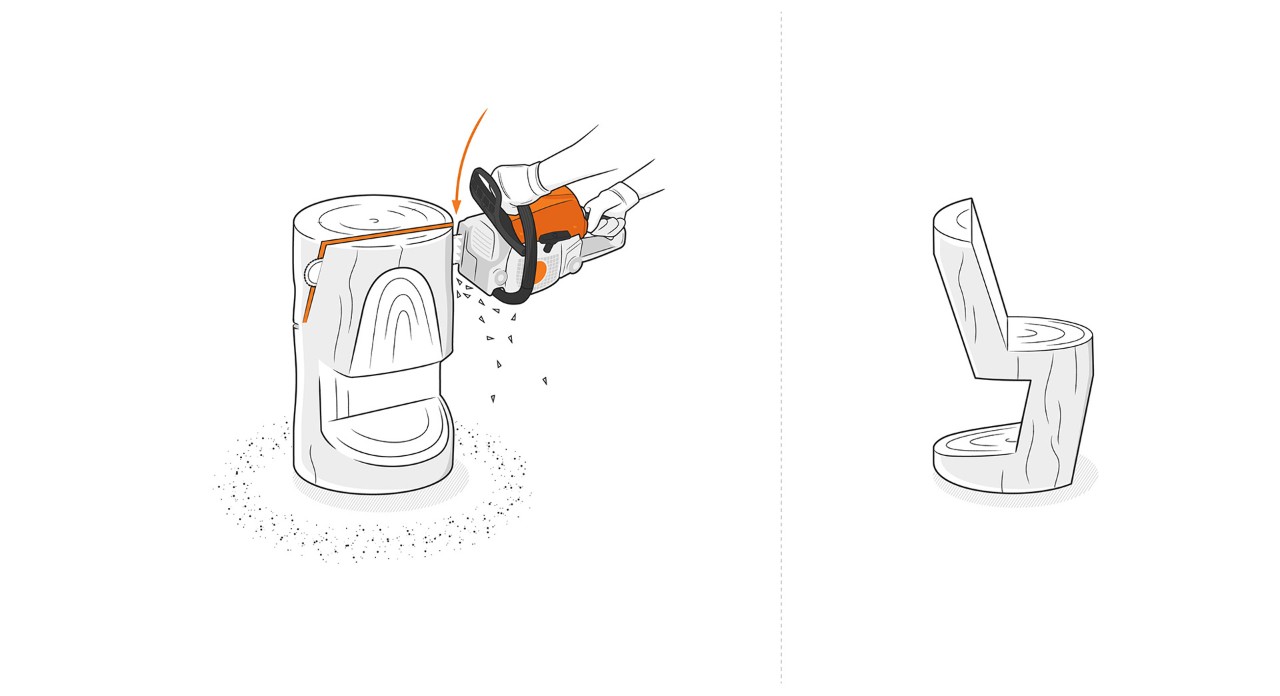 Ilustración: corte del bloque de madera entre el respaldo y el asiento para fabricar una silla de madera artesanal.