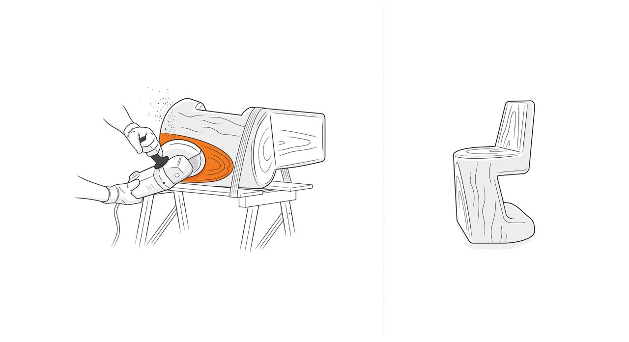 Ilustración: superficie de la silla lijada con una lijadora para realizar una silla de madera artesanal.