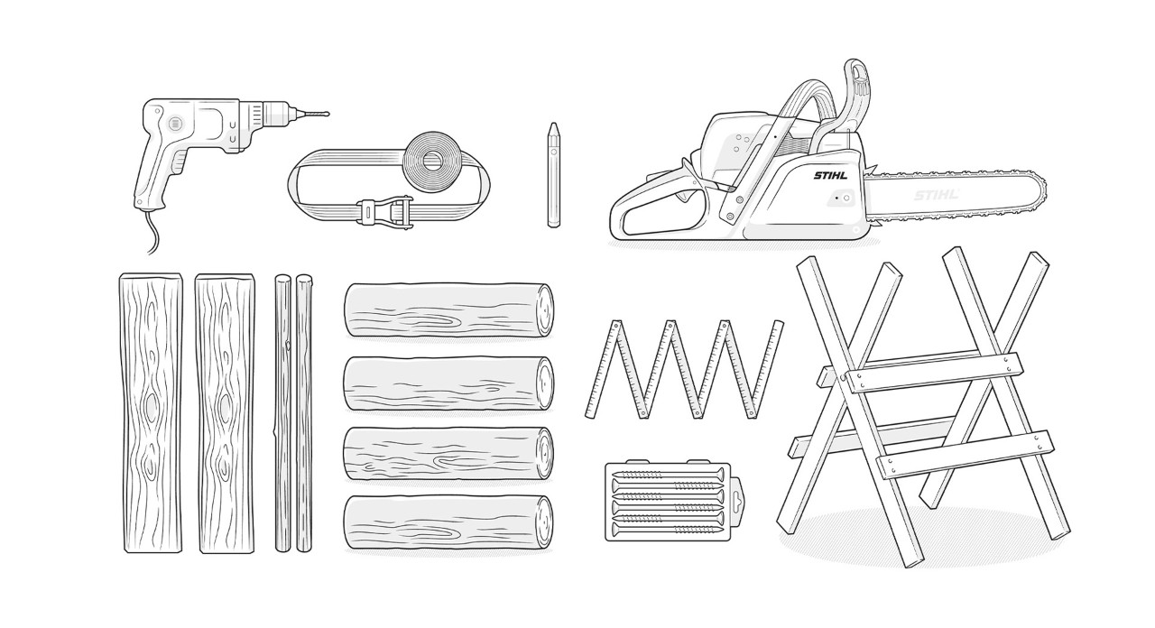 Madera, motosierra STIHL, taladro, caballete, regla plegable, cinta tensora, tiza para marcar.