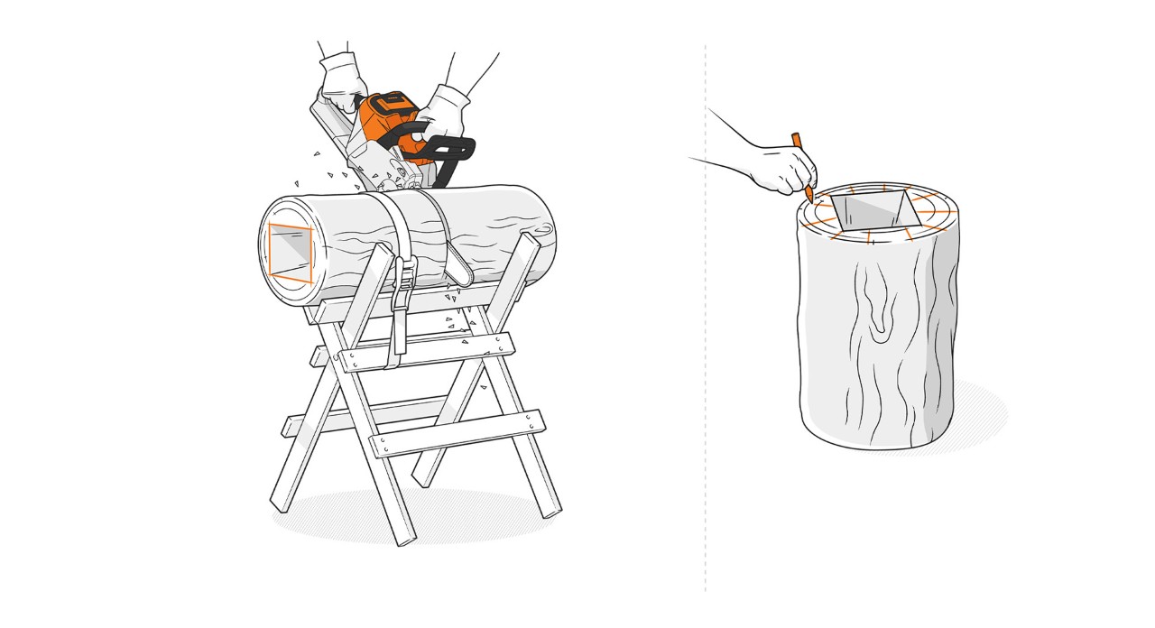 Corte del tronco a la longitud deseada con una motosierra STIHL para hacer una lámpara artesanal de madera.