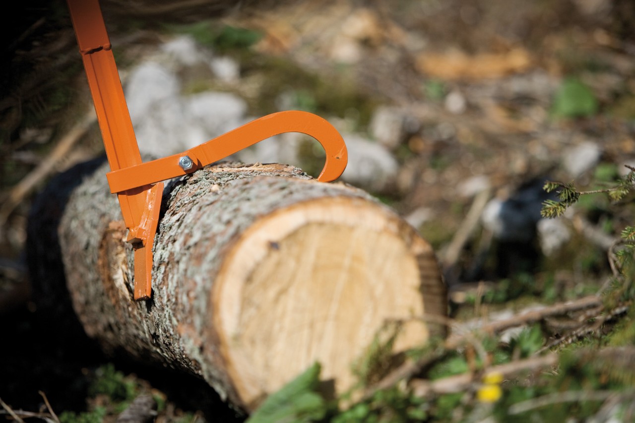 Palanca de derribo con gancho inversor STIHL en un tronco sobre el suelo