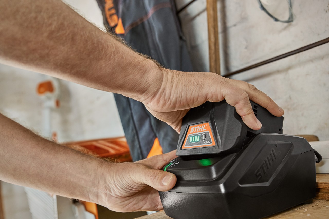 Una persona retira la batería STIHL AK 30 del cargador