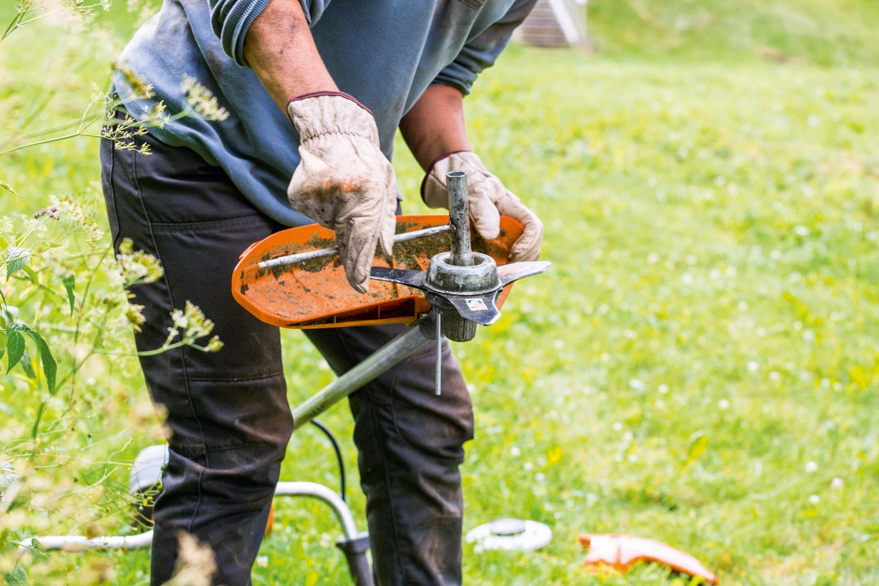 Un hombre con guantes se ocupa del mantenimiento de su desbrozadora STIHL FS 131.