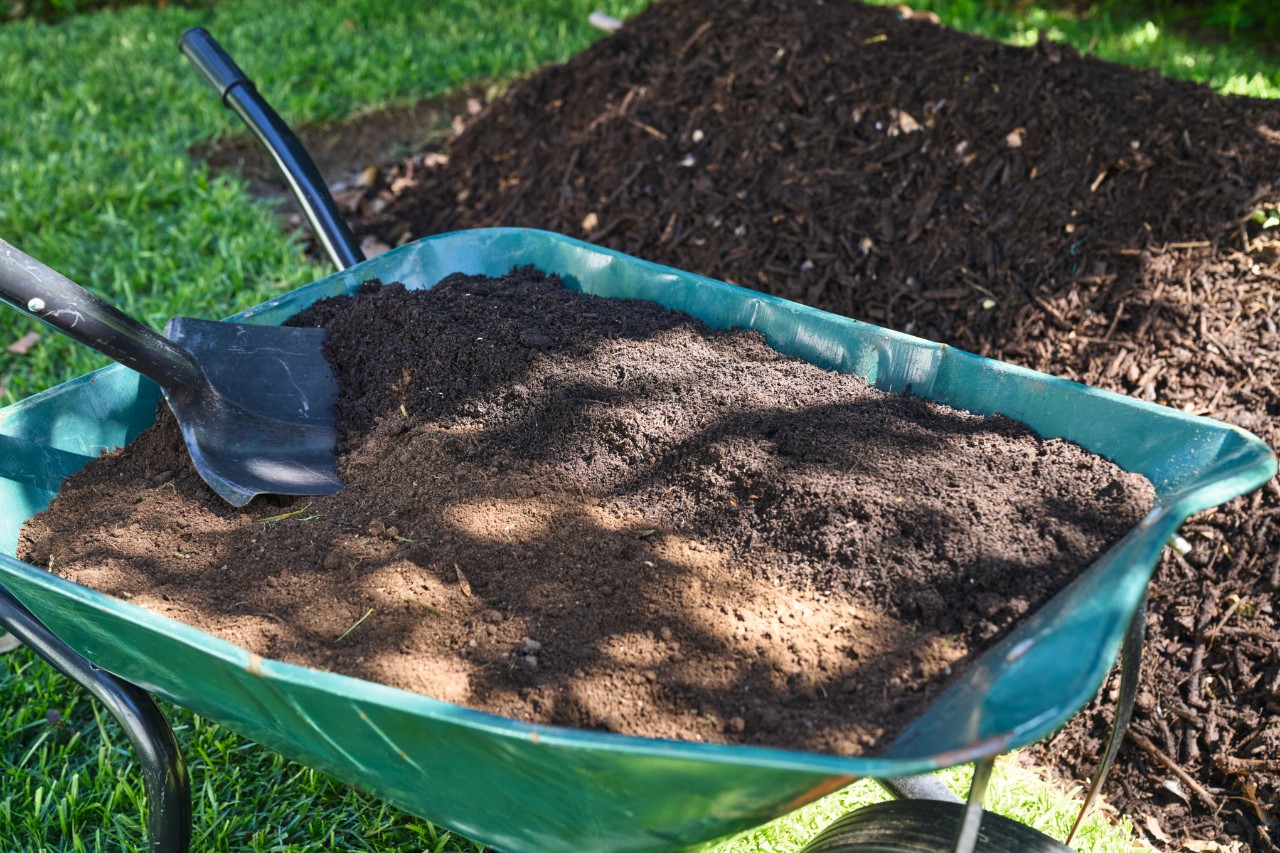 Primer plano de un cajón con una mezcla de tierra y compost delante de un bancal de cama elevada 