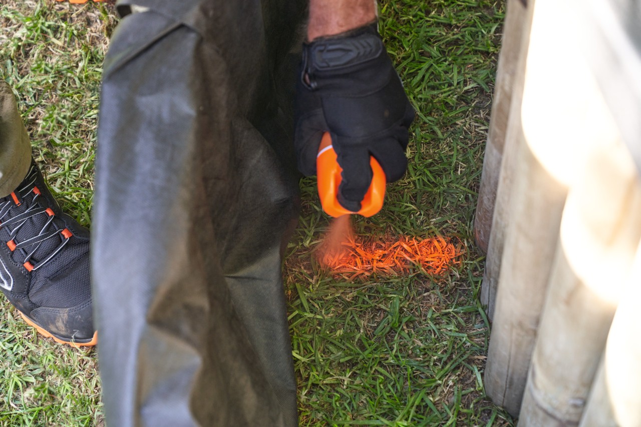 Una persona marca las zonas de plantación previstas con un spray forestal