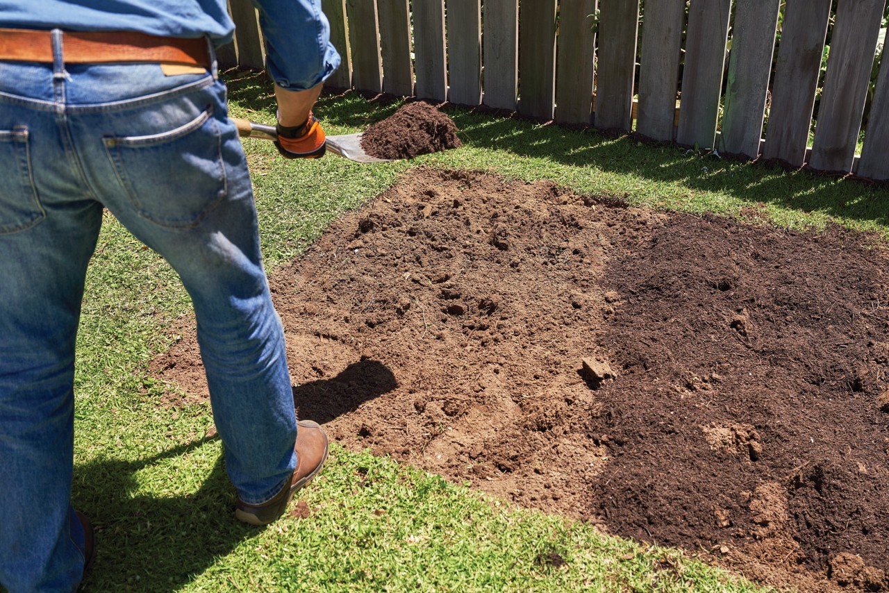 Una persona añade compost con una pala en un arriate de tierra en un jardín de hortalizas en casa. 
