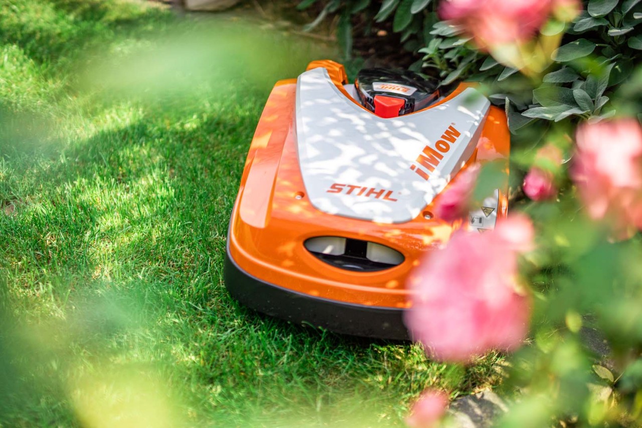 Robot cortacésped STIHL iMOW® RMI 422 P en un césped verde detrás de un arbusto con flores
