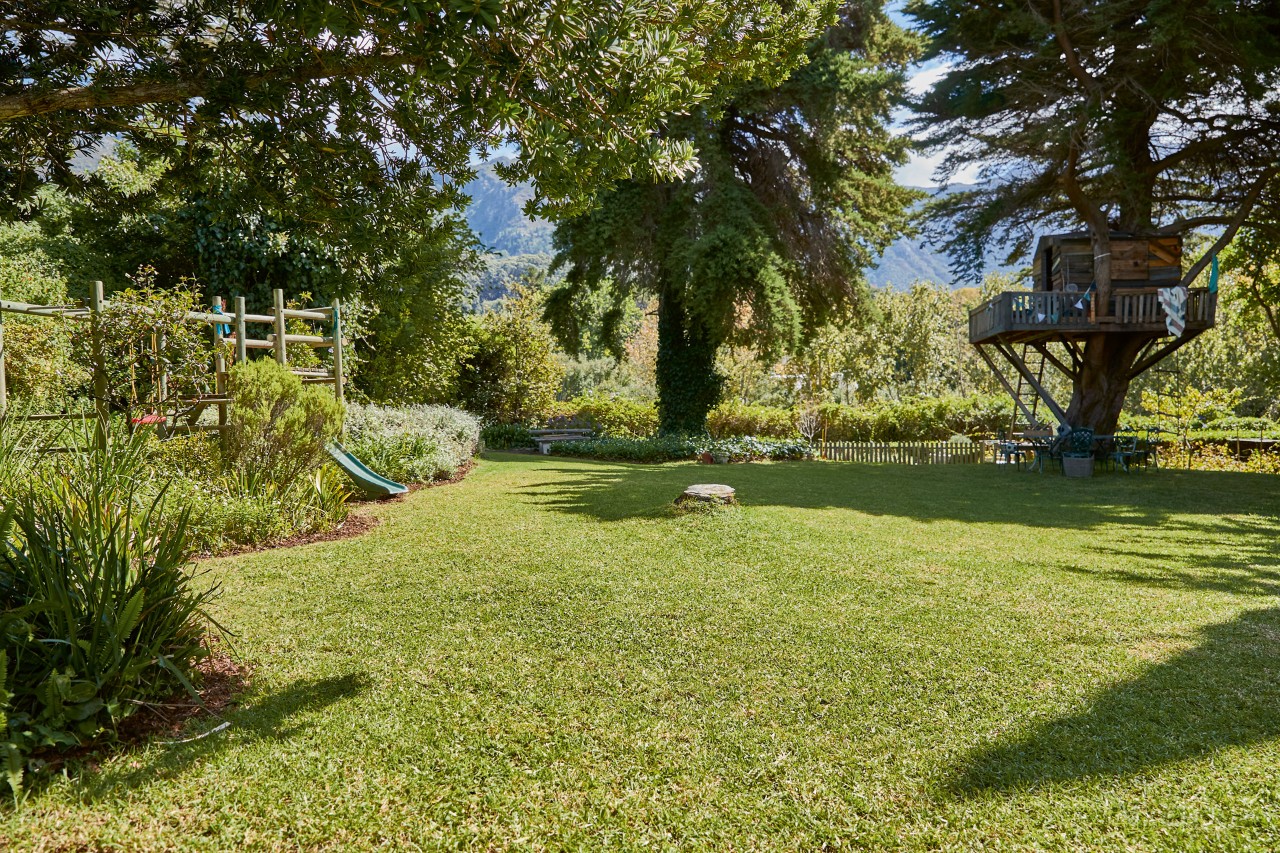 Una amplia área tras la instalación de césped natural en un jardín con árboles, flores y una casa en un árbol.