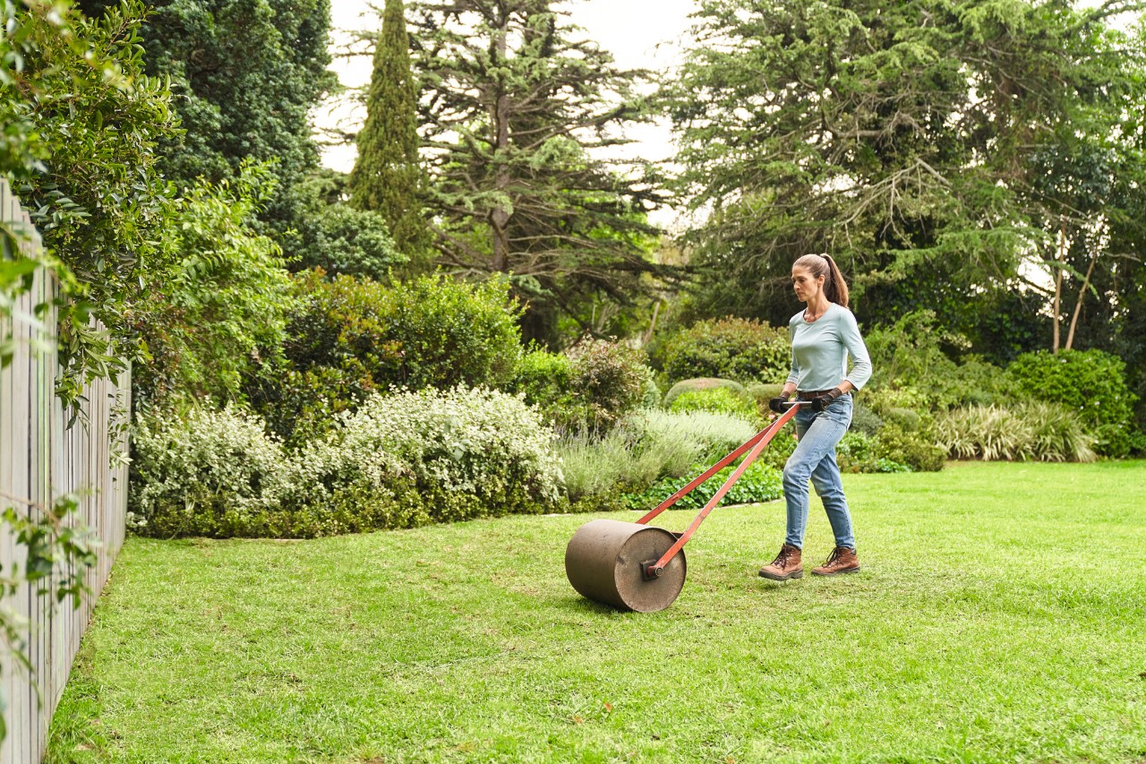 Una mujer aplana un césped recién colocado en un jardín grande