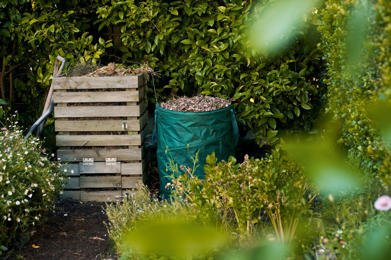Un contenedor de madera para compostaje junto a un saco lleno de hojas con residuos de jardinería orgánicos.