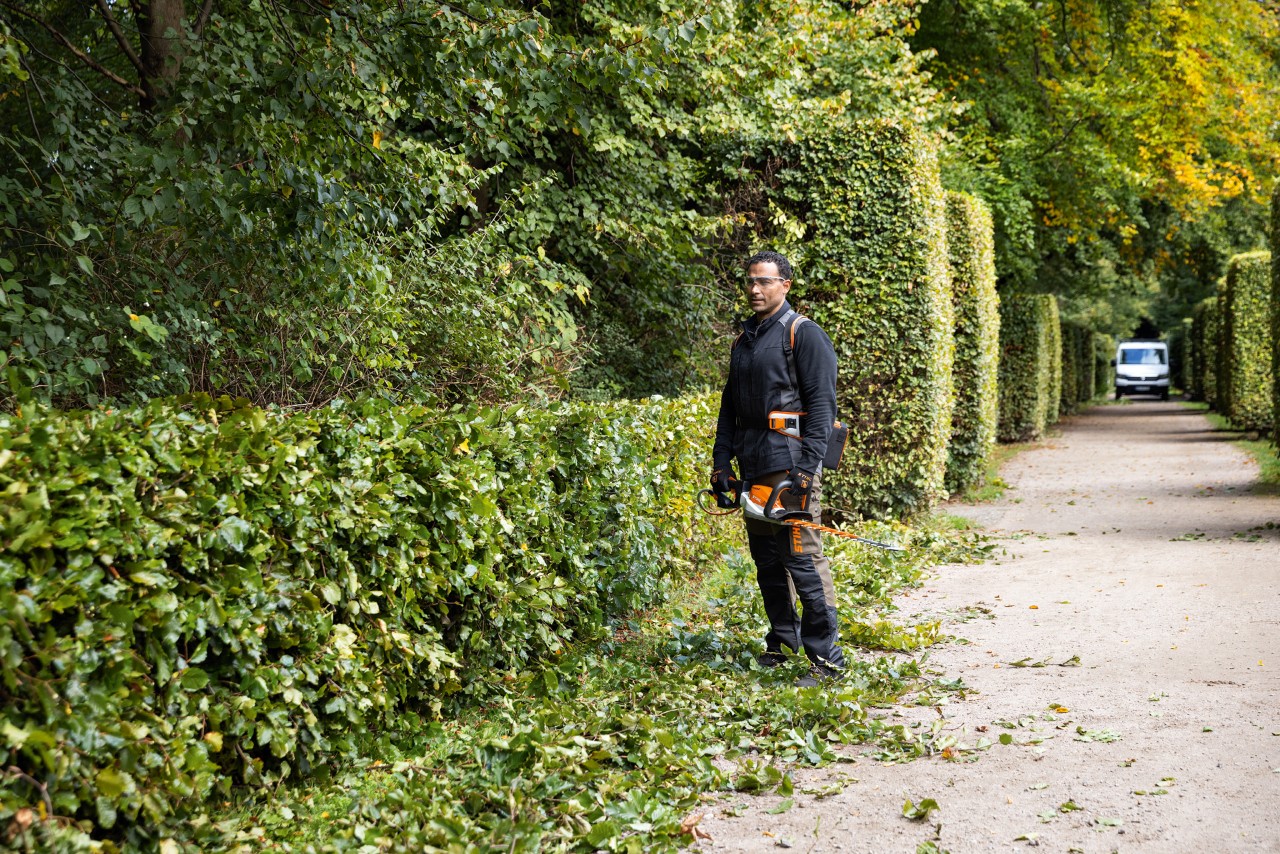 Un hombre con equipo de protección STIHL y cortasetos de batería STIHL HSA 26 podando junto a un seto plano en un parque