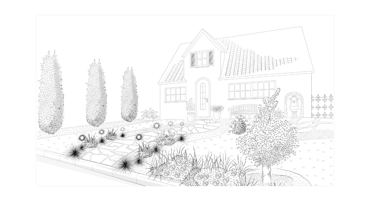 Ilustración de un jardín mediterráneo de diseño atractivo