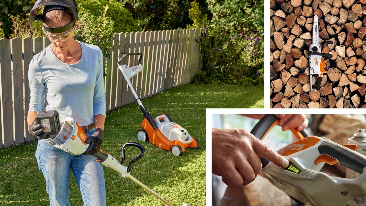Collage de imágenes: Mujer con diferentes máquinas de batería STIHL en el jardín