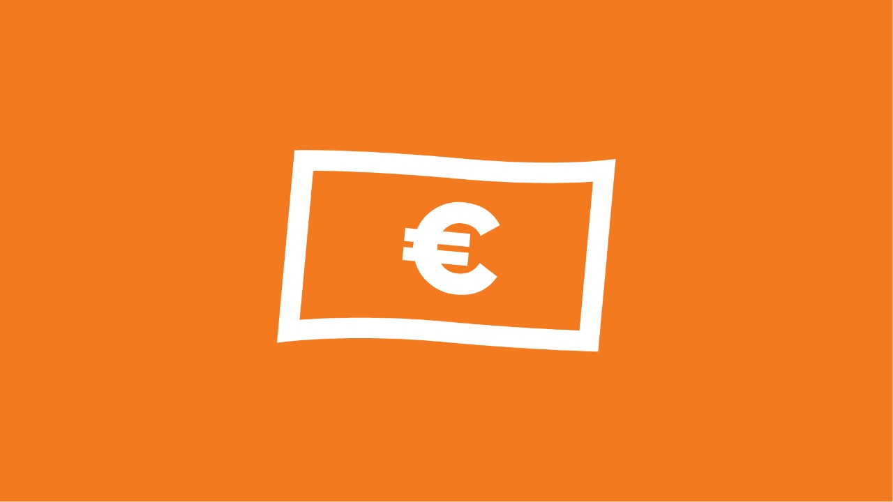 Símbolo blanco de un billete de euro sobre un fondo naranja