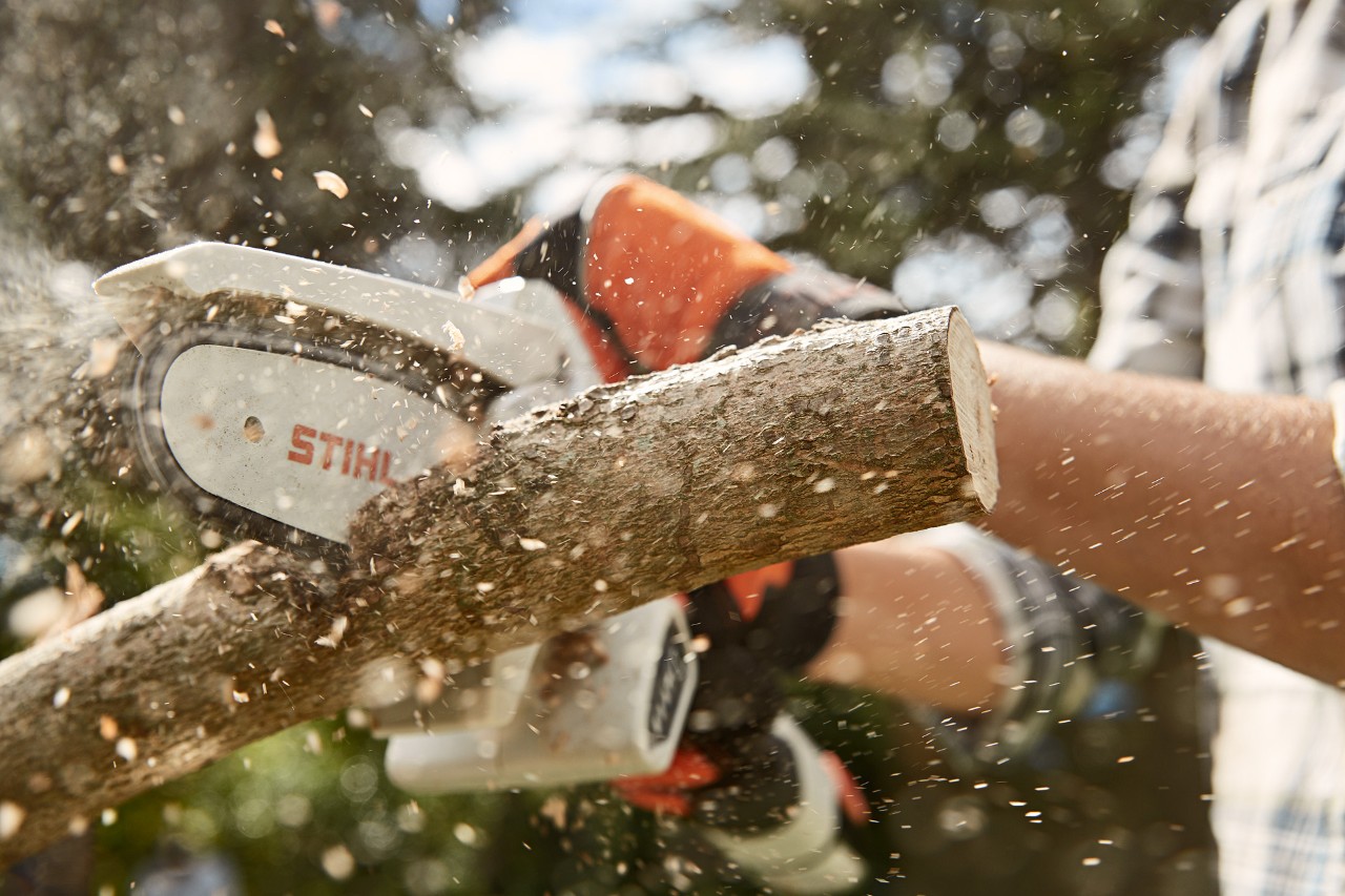 Una persona utiliza la STIHL GTA 26 para cortar una rama.