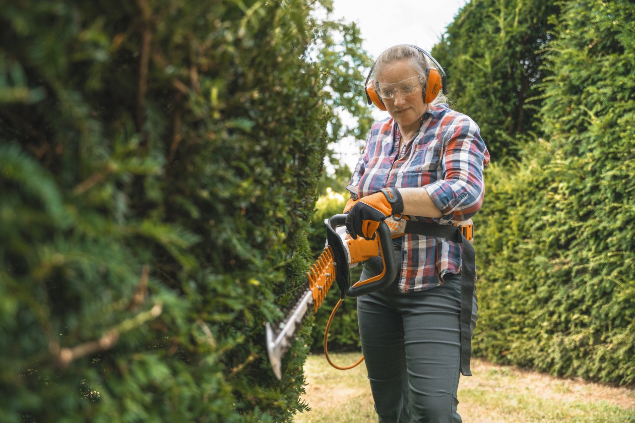 La jardinera jefe Aldetha Raymond corta un seto con un cortasetos de batería STIHL HSA 130