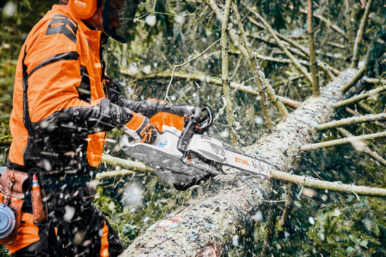Hombre utilizando una motosierra de gasolina STIHL con espada M-Tronic y Light 04 para desramar árboles caídos