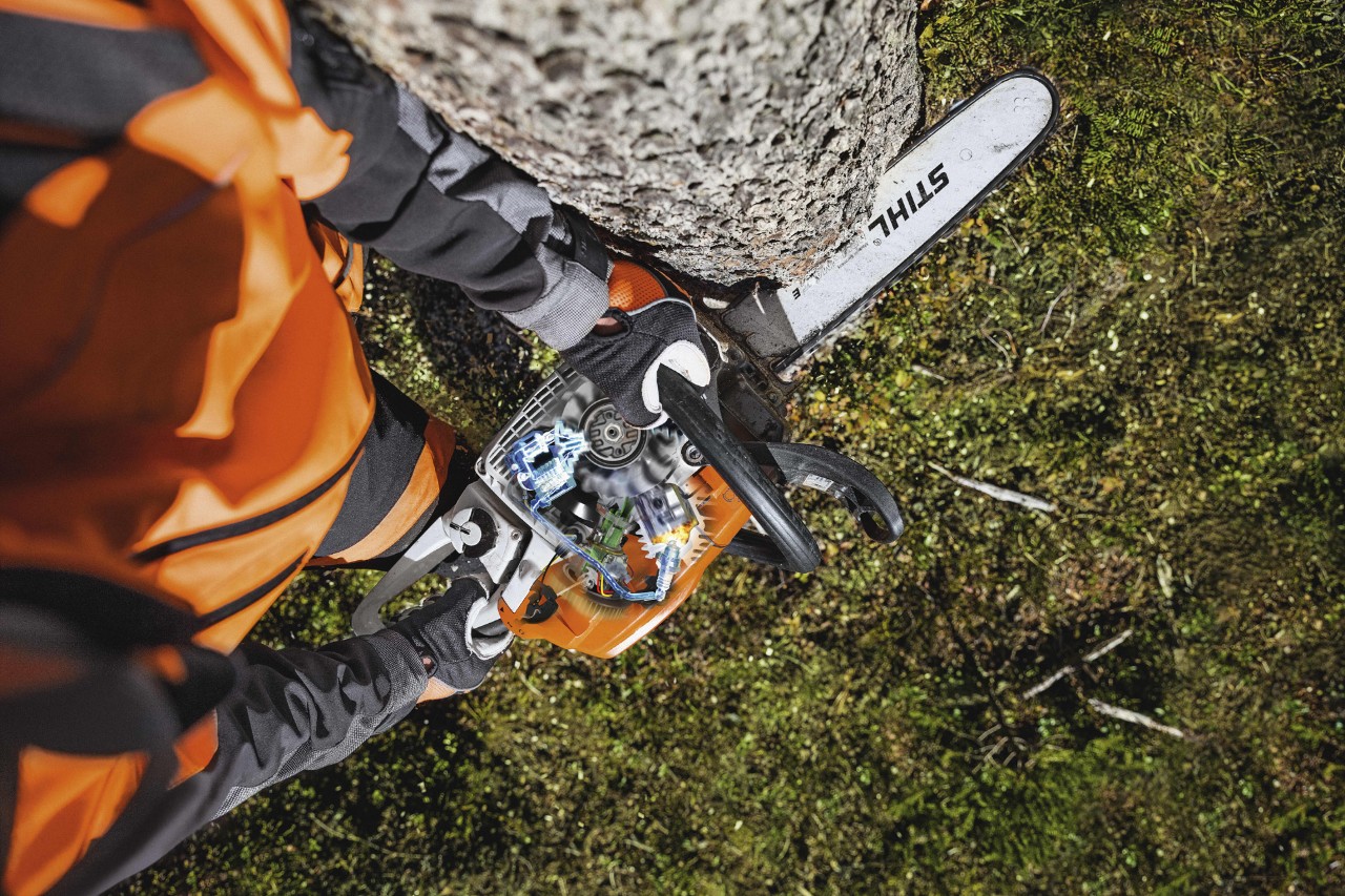 Vista superior de un árbol siendo cortado con una motosierra STIHL MS 261 C-M